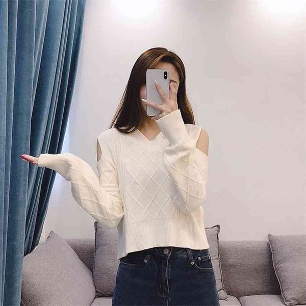Женский зимний свитер корейская версия Slim Slip Demume Cort Pullover с длинным рукавом вязаная молочная рубашка для женщин 210427