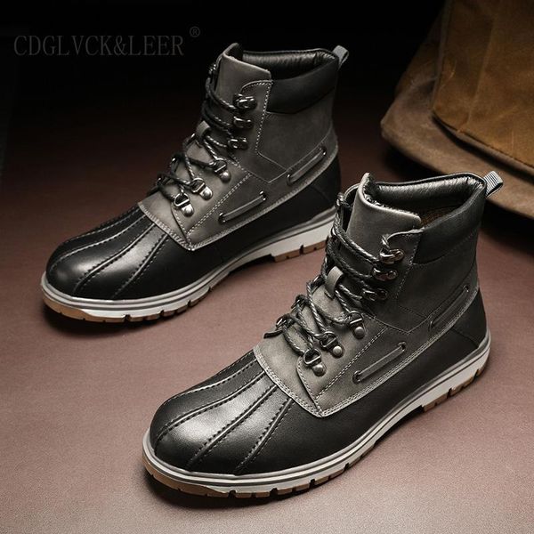 

boots genuine leather men shoeshandmade shoes round toe rubber outsole solid lace up work&safety short plush, Black
