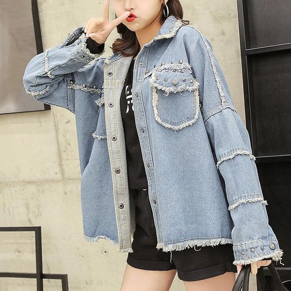 

women's jackets [ewq] rivet denim women lapel long sleeve loose asymmetric hem female coats korean fashion casual clothes tide 3ak049, Black;brown