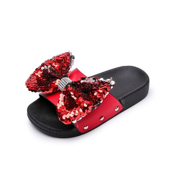 

slipper summer girls slippers baby beach shoes kids children home faux crystal sequin bow rivet 3 to 14 yrs, Black;grey