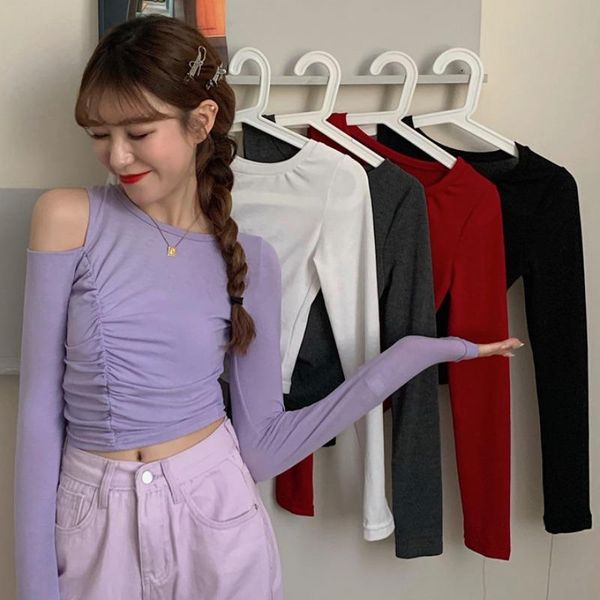 

women's t-shirt slim off shoulder long sleeve ladies o-neck solid t-shirts clothing spring autumn fashion tees hipster ins, White