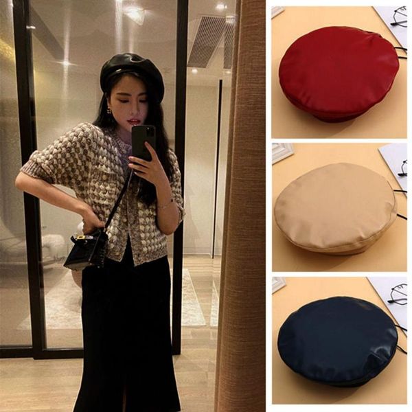 

berets fashion women all-match warm beanie pu leather beret cap french artist hat adjustable, Blue;gray