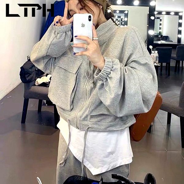 

three-dimensional pocket womens sweatshirts pullover zipper warm coat streetwear boyfriend style sweatshirt spring 210427, Black