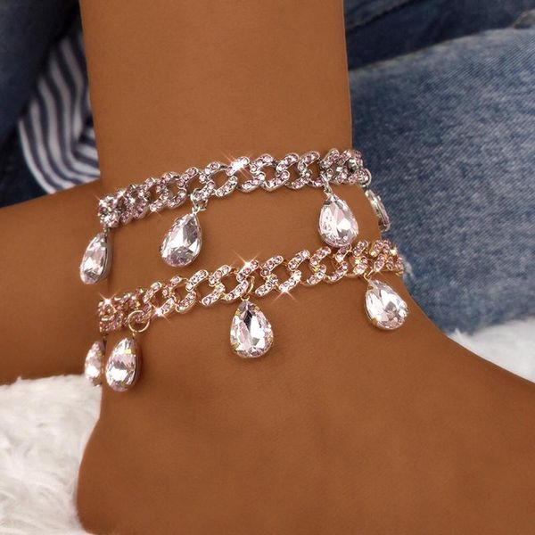 

anklets hip hop punk cuban chain big water drop for women gold silver color bling rhinestone anklet bracelet summer foot jewelry, Red;blue