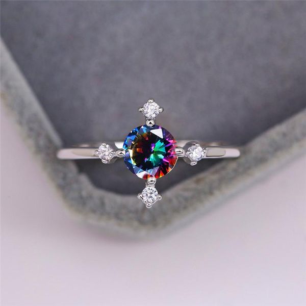 

wedding rings simple female rainbow cryastal stone ring charm silver color vintage round opal engagement for women, Slivery;golden