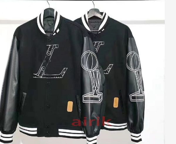 

designer exclusive jacket version fw leather stitched basketball logo logo bomber, Black;brown