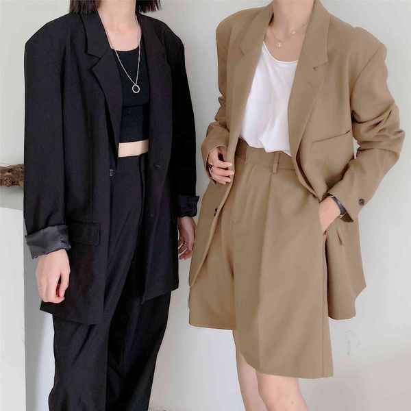 Bahar ve yaz gevşek kadın ofis pantolon takım elbise casual blazer geniş bacak iki parçalı setleri şort set kadın 210514