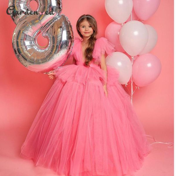 

girl's dresses pink kids flower girl tulle layers first communion puff sleeves bow knot wedding little bride, Red;yellow