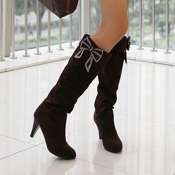 

boots sweet bow high women velvet leather heels women's winter black red brown party shoes 34-39.