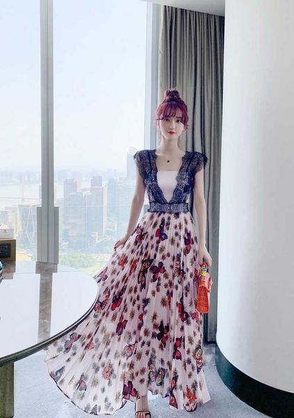 

summer women's waist floral dress lace zippers chiffon office lady sleeveless 210603, Black;gray