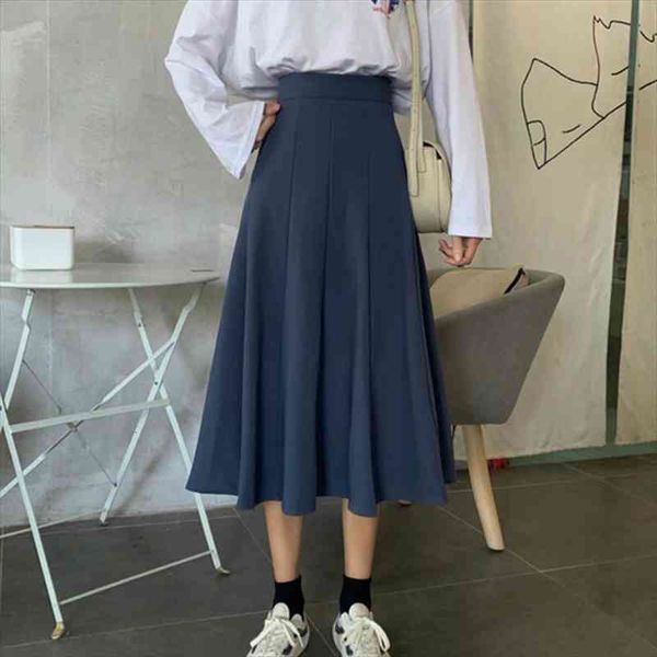 

autumn korean chic long womens skirt a-line navy blue pleatd, Black