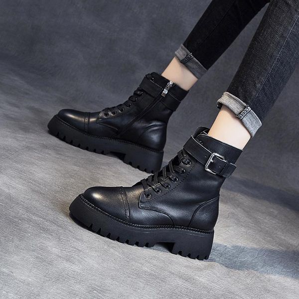

boots motorcycle women cow leather zipper closure buckle decoration lace-up ladies ankle winter handmade warm hombre, Black