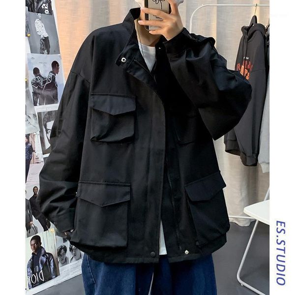 

men's jackets oversized cargo jacket men autumn spring coat korean style outwear solid multi-pocket loose casual hip hop streetwear, Black;brown