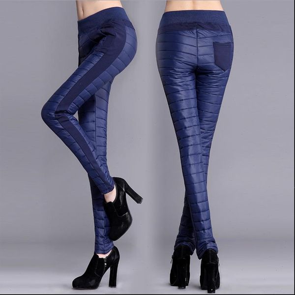 

women pants winter duck down velvet high waist skinny warm formal female black elastic work trousers, Black;white