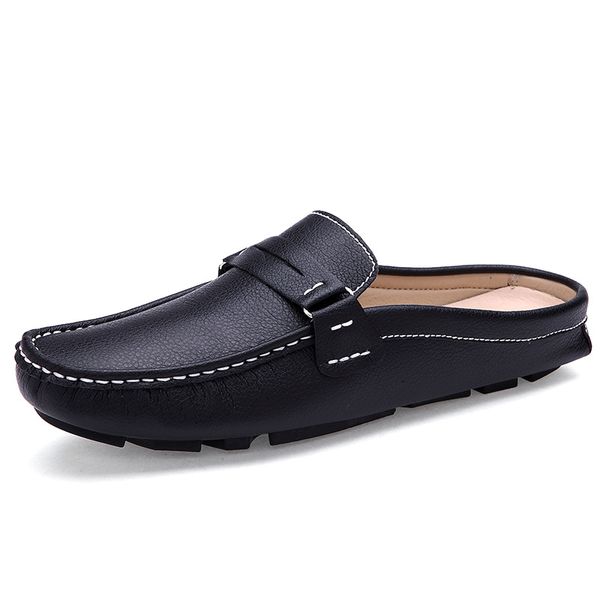 

summer 's casual shoes baotou lazy british cowhide sandals peas half drag men's leather breathable, Black