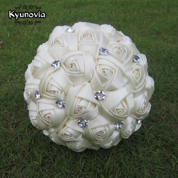 

wedding flowers kyunovia custom satin rose bouquet rhinestones ribbon ivory bridal bouquets diy fe78