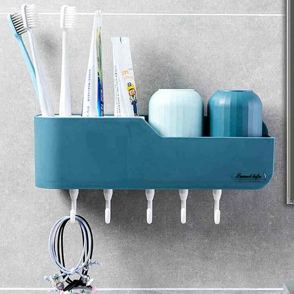 

bathroom shelves wall mount wiht hooks towel toothbrush cup rack multifunctional holder