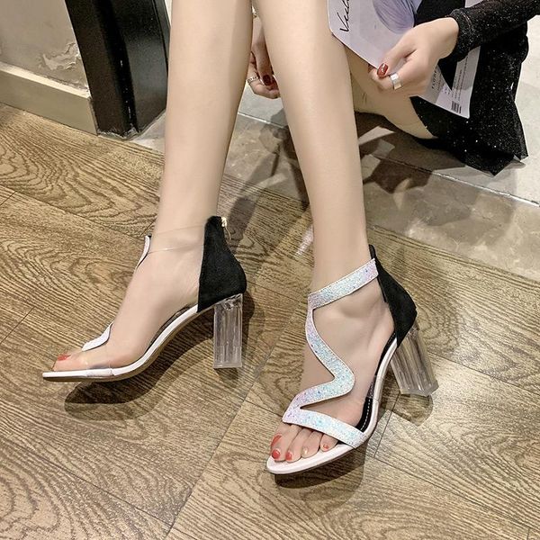 

dress shoes summer sandals 2021 women woman female high heels bling square ladies zippers transparent women's elegant footwear, Black