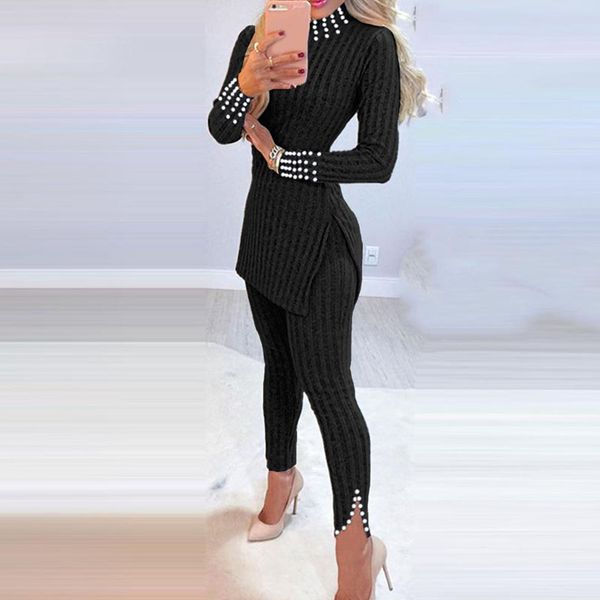 

2021office lady knitted suits outfit elegant beading split long sleeve and skinny pants women sets casual solid two piece sets, Black;red