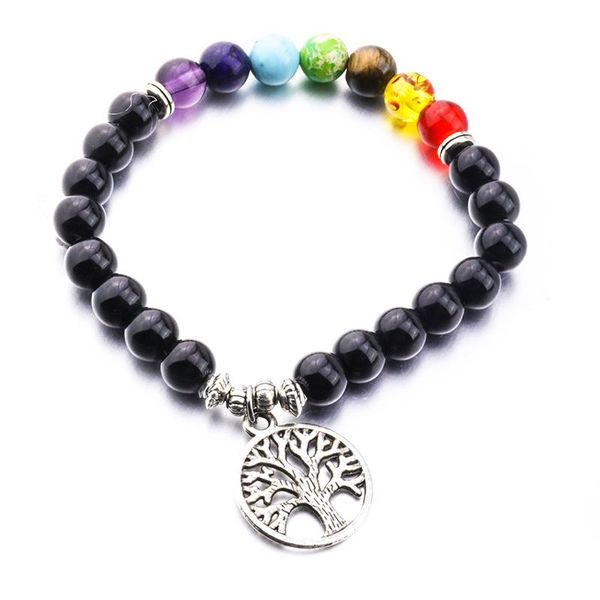 

vingta tree of life rainbow natural stone 7 chakra balance bracelet stretch men jewelry charm bracelets, Golden;silver