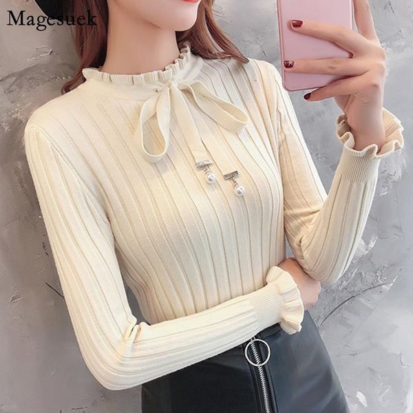 

women's sweaters solid knitted sweater women 2021 autumn long sleeve bow slim pullover korean ruffled sueter mujer 10367, White;black