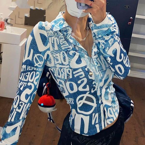 

women's t-shirt y2k letter print shirts women fashion long sleeve turn-down collar slim fit casual button down cardigans streetwear, White