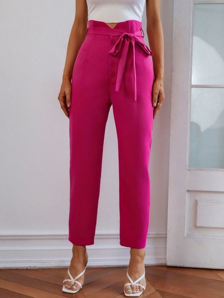 

asymmetrical waist button fly belted pants p3xv#, Black;white