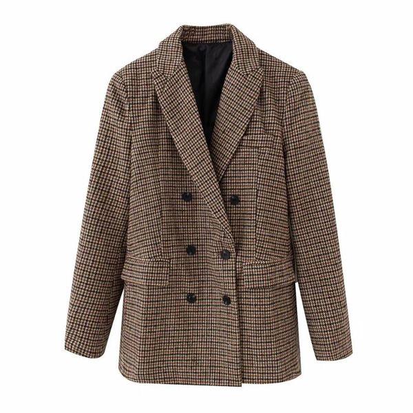 

klacwaya women 2021 fashion plaid slim blazer office ladies notched collar double breasted suits girls loose street wear women's & bla, White;black