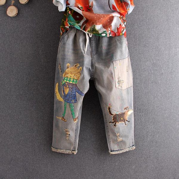 

women's jeans summer bleached cartoon patchwork embroidery loose ripped women hole lace up elastic waist denim ladies harem pants, Blue