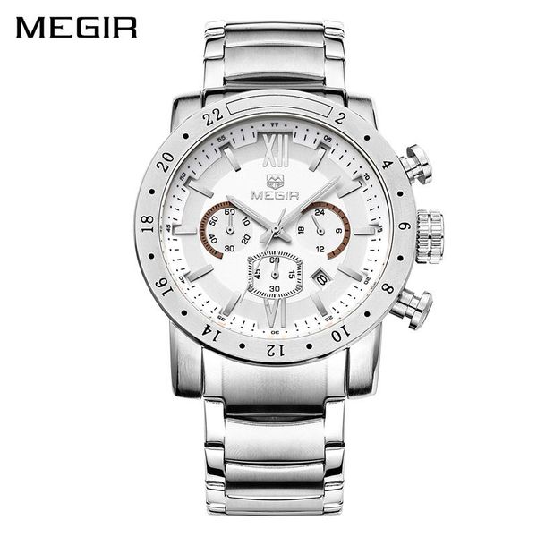 

wristwatches megir water ressistance mens watches luxury casual brand clocks steel strap date quartz male watch military army sport clock, Slivery;brown