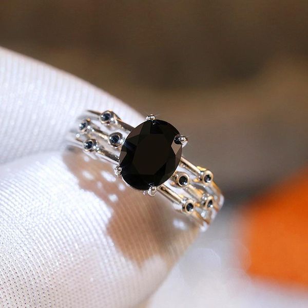 

wedding rings vintage female crystal black stone ring charm silver color for women hollow oval engagement, Slivery;golden