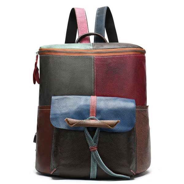 

backpack leather handmade vintage women female bags cow patchwork colorful bag