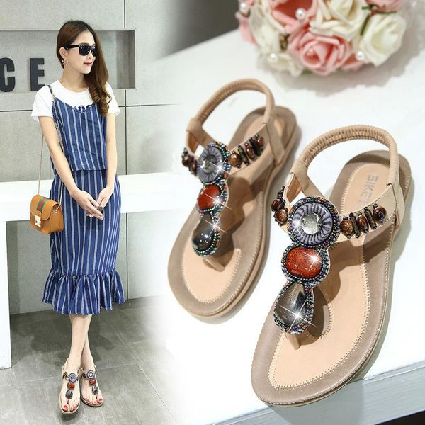 

sandals summer 2021 ethnic style women thailand travel beach bohemian retro beaded large size flats, Black