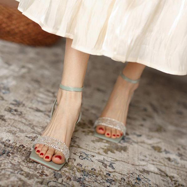 

sandals summer 2021 crystal heel sandal with thin and one-line rhinestone high fashion shoes peep-toe toe for women, Black