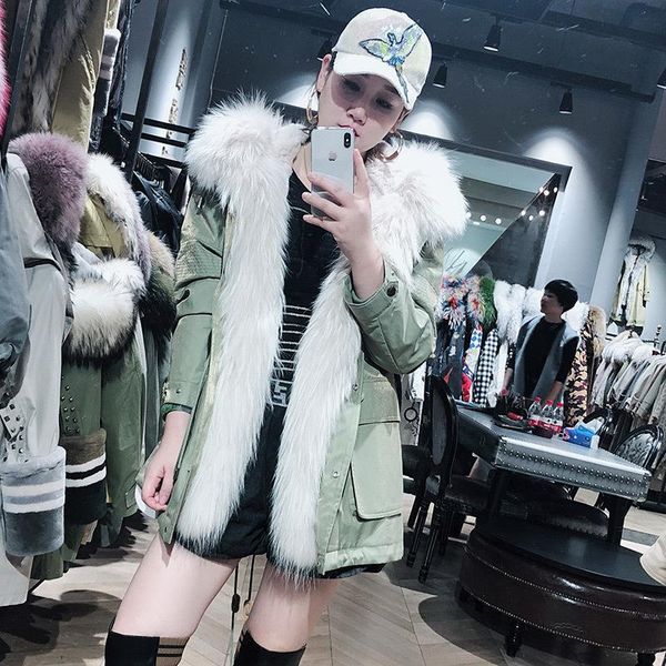 

women's fur & faux real coat female liner parka winter jacket women raccoon collar korean long jackets warm outwear my, Black