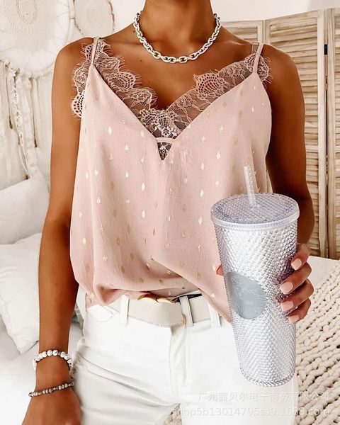 

women's tanks & camis women fashion summer lace simply tees office casual loose print female v neck sleeveless mujer de moda blusa, White