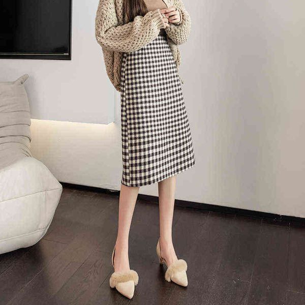 

casual dresses plaid women's autumn winter high waist temperament medium and long woolen a-line skirt, Black;gray