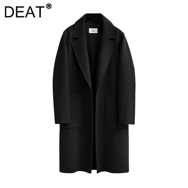 

women's wool & blends deat fashion korean style solid pocket casual turn-down collar tweed coat in autumn and winter of 2021 7i0224, Black