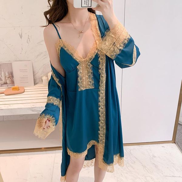 

women's sleepwear summer women 2pc robe bath gown lace kimono pajamas sets lady home wear nightgown suit with chest pad, Black;red