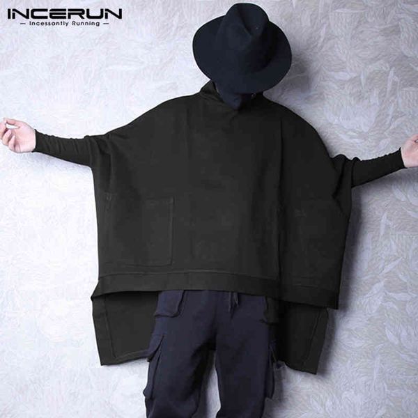 

inselon - men's high collar irregular long sve coat, with pockets, street cloth, loose cloak, pullover, Tan;black