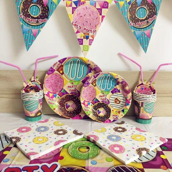 

62pcs/set pink cartoon cute donut plates paper cups straws flag napkins tablecloth disposable tableware sets birthday party dinnerware