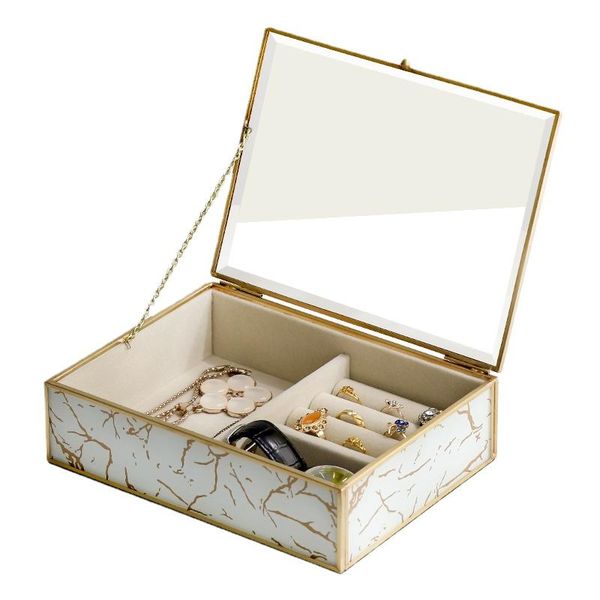 

party favor creative brass glass jewelry storage box desknecklace display marble texture single layer ornament