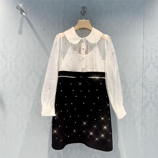 

casual dresses korean fashion clothing 2021 spring autumn elegant diamonds organza long sleeve a-line mini for women robe femme, Black;gray