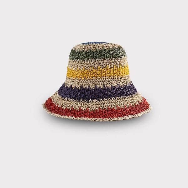 

wide brim hats 2021 colorful striped handmade straw hat foldable sun outdoor travel for girl and women 08, Blue;gray