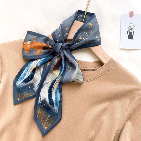 

scarves women multifunction polyester silk scarf elegant stripes printed casual satin small wraps shawl wj0124, Blue;gray