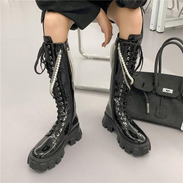 

boots booty woman zipper round toe luxury designer clogs platform shoes flat heel military fashion lolita rubber leather med, Black