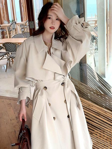 

women's trench coats beige windbreaker coat middle and long 2021 spring autumn fashion korean loose british leisure, Tan;black