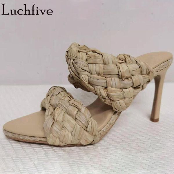 

turnover weaved mule slippers open toe twist ladies slides thin high heels gladiator stiletto plus size apricot women's shoes, Black