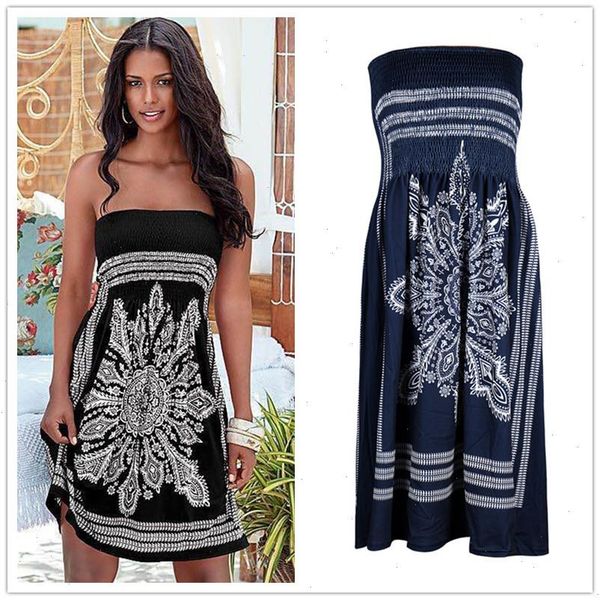 

vintage print womens dress off shoulder strapless summer women casual high waist vestidos boho beach festa, Black;gray