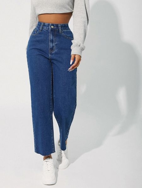 

petite high waisted zip up straight leg jeans w9mu#, Blue
